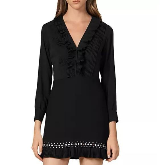 Sandro dress US 8 EU 40 Coreen Embellished black pleated work cocktail‎ modern - Picture 1 of 13